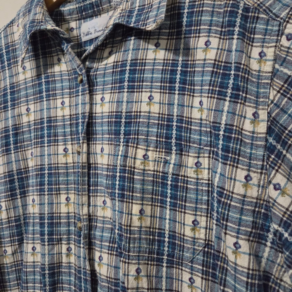 Bobbie Brooks Blue Plaid Floral Embroidered Cotton Button Up Shirt Womens XL - Picture 2 of 4